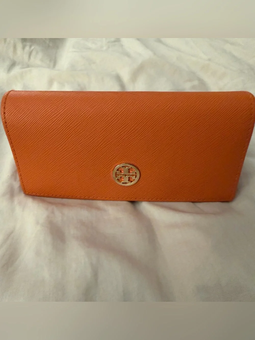 Tory Burch Orange Saffiano Continental sunglasses holder with Gold Logo